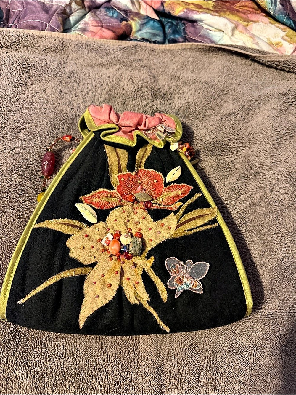 Vintage Mary Francis Floral Beaded Shoulder Bag in Black & Pink
